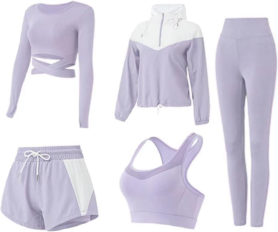 5 PCS Workout Sets for Women Athletic Gym Sports Pilates Yoga Outfits | Running Exercise Workout Clothes Sports Bra Shorts High Waisted Leggings Active Wear Set Suit