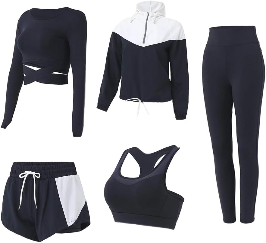 5 PCS Workout Sets for Women Athletic Gym Sports Pilates Yoga Outfits | Running Exercise Workout Clothes Sports Bra Shorts High Waisted Leggings Active Wear Set Suit