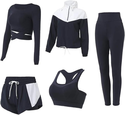 5 PCS Workout Sets for Women Athletic Gym Sports Pilates Yoga Outfits | Running Exercise Workout Clothes Sports Bra Shorts High Waisted Leggings Active Wear Set Suit