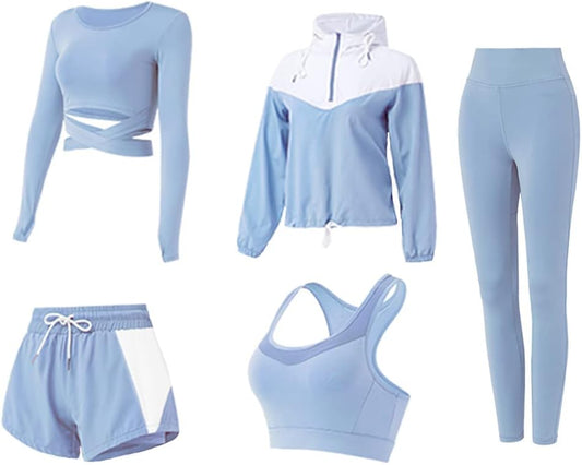5 PCS Workout Sets for Women Athletic Gym Sports Pilates Yoga Outfits | Running Exercise Workout Clothes Sports Bra Shorts High Waisted Leggings Active Wear Set Suit