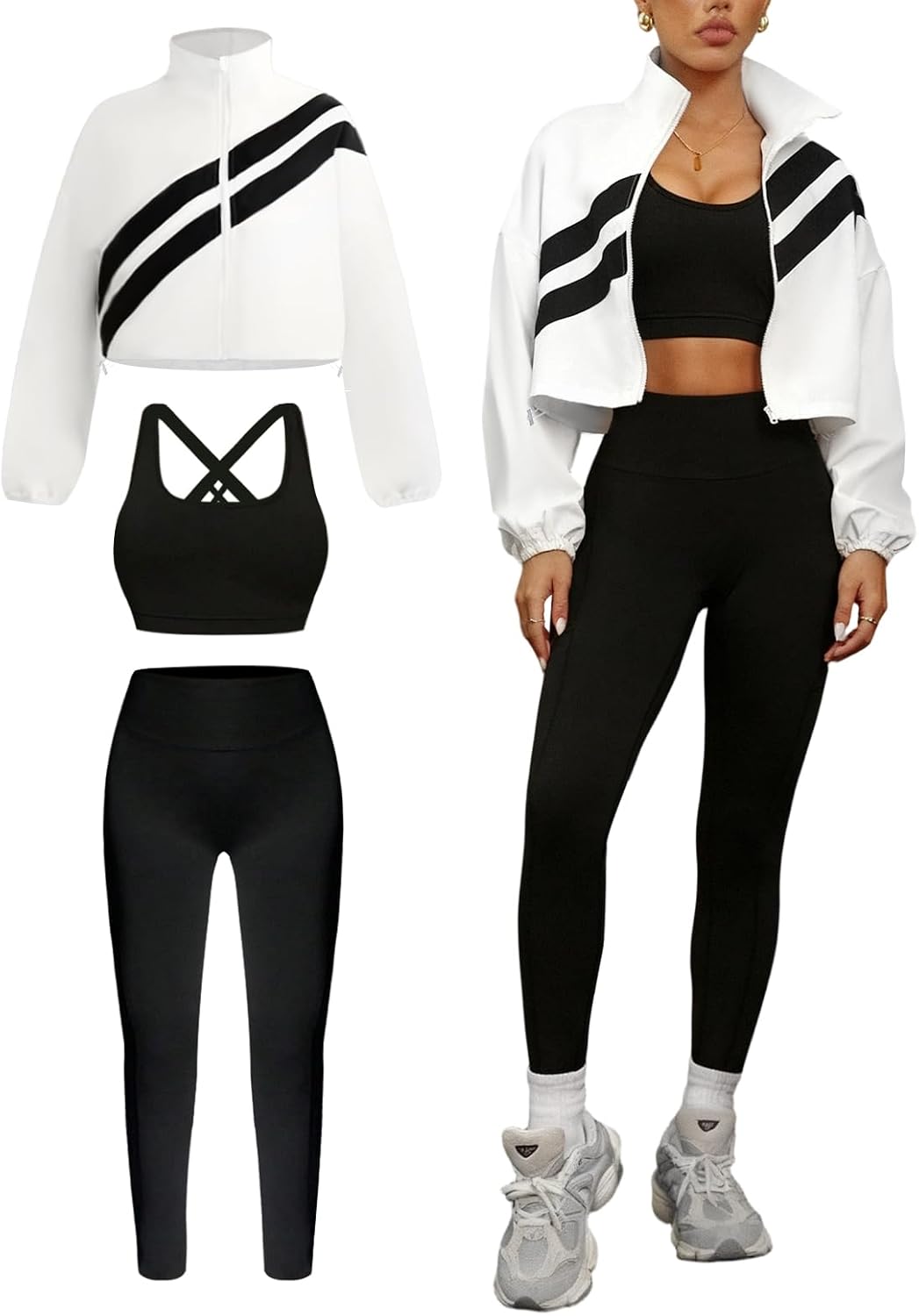 INKEEP Womens 3 Piece Tracksuit Set with Bra Long Sleeve Zipper Jacket with Athletic High Waist Legging Workout Outfit