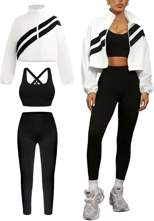 INKEEP Womens 3 Piece Tracksuit Set with Bra Long Sleeve Zipper Jacket with Athletic High Waist Legging Workout Outfit