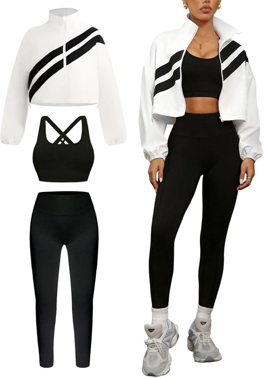 INKEEP Womens 3 Piece Tracksuit Set with Bra Long Sleeve Zipper Jacket with Athletic High Waist Legging Workout Outfit