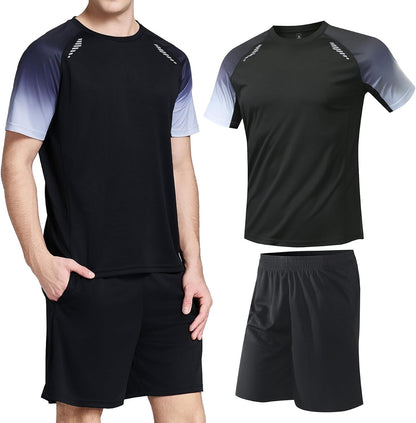 Two-Piece Top and Shorts Set Men’s Active Quick Dry Crew Neck T Shirts | Athletic Running Gym Workout Short Sleeve Tee